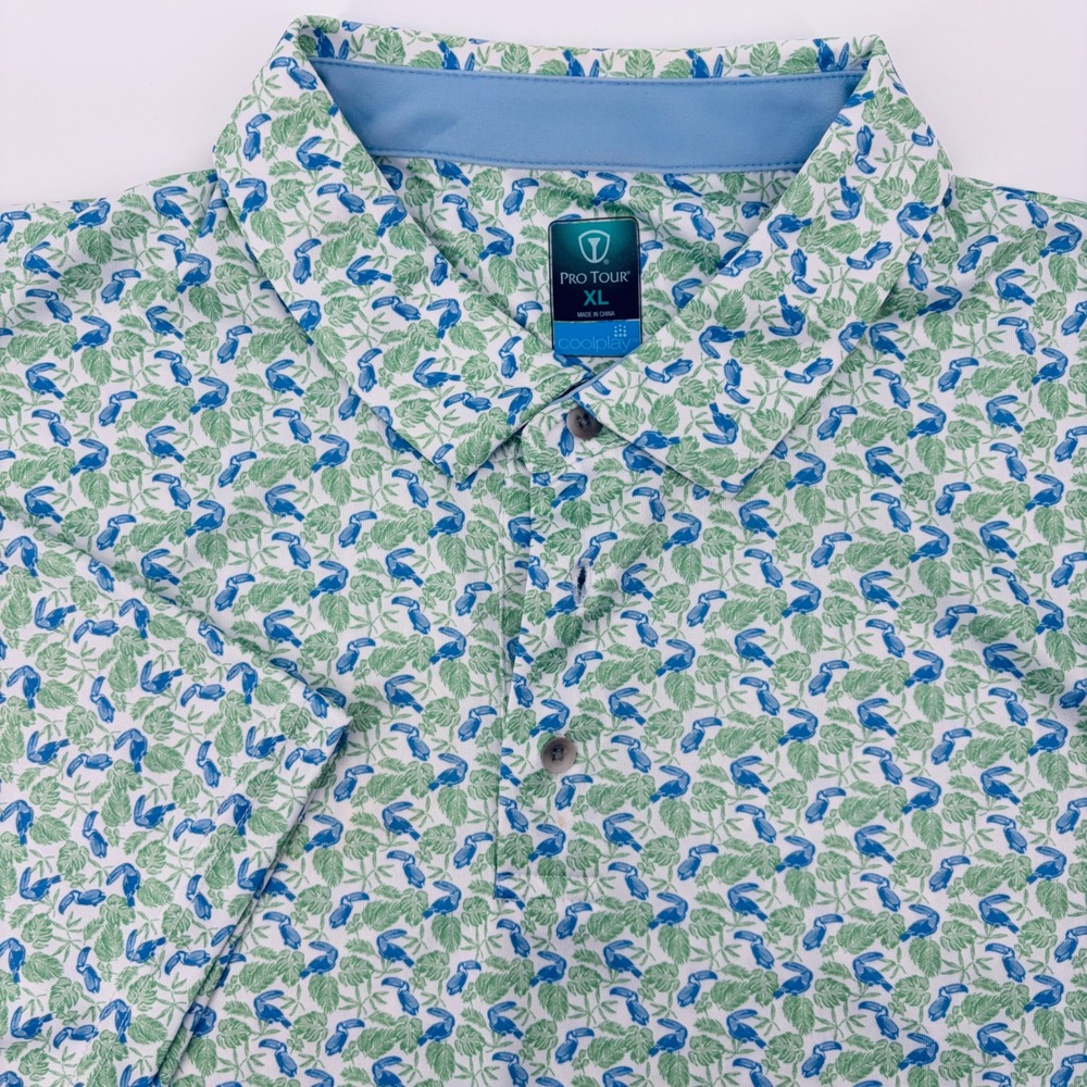 Pro Tour Shirt Men XL Coolplay Golf Tropical Polo Blue Green Toucan Bird Print